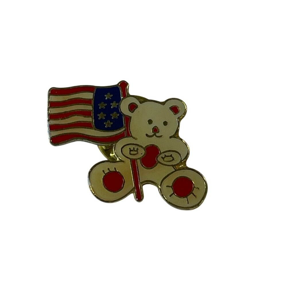 American Flag Teddy Bear Enamel Lapel Pin Gold-Tone‎ Metal Patriotic Collectible